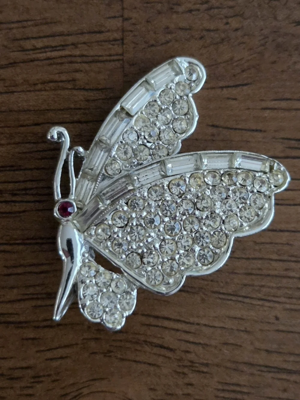 Vintage 1950-1960 Silver-Tone Crystal Butterfly Brooch with Red Accent